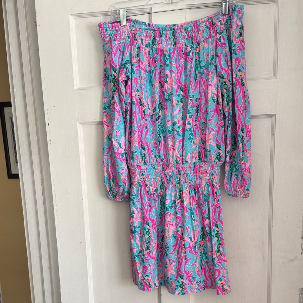 Lilly Pulitzer Turquoise & Hot Pink Floral Off-Shoulder Dress